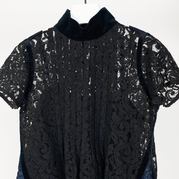 Sacai PF16 Black & Blue Lace Velvet-Trim Blouse - Picture 4 of 11